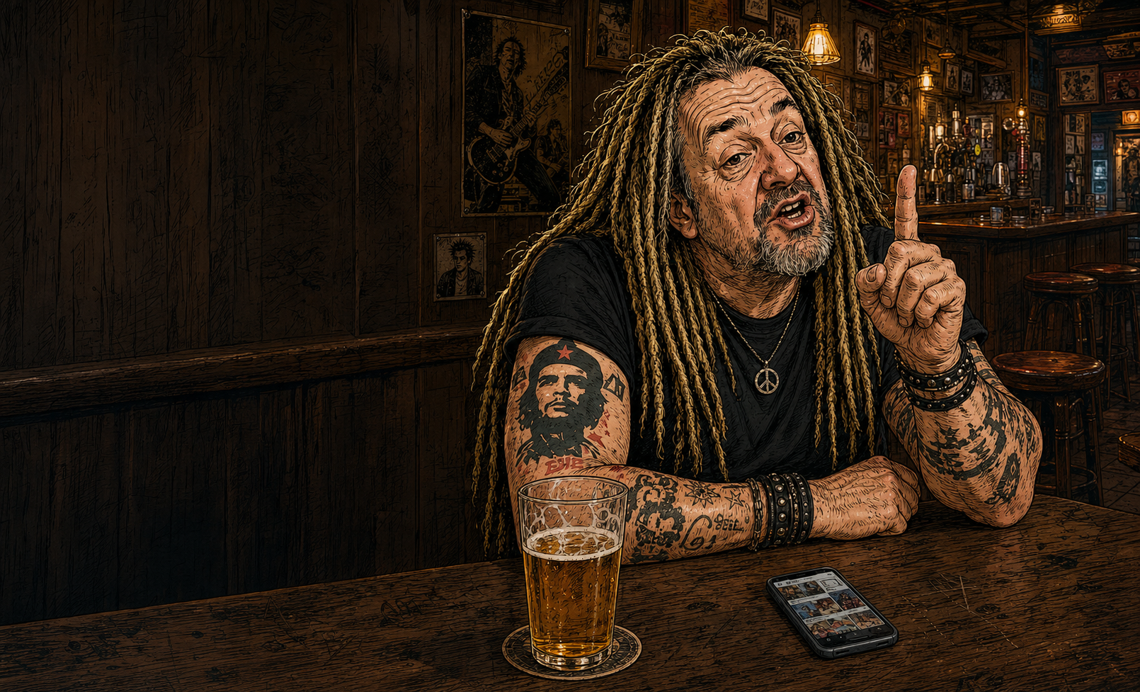 Skid Doufas, an ageing dreadlocked pub rocker, confidently lecturing with one finger raised beside a pint and phone in a warm local pub