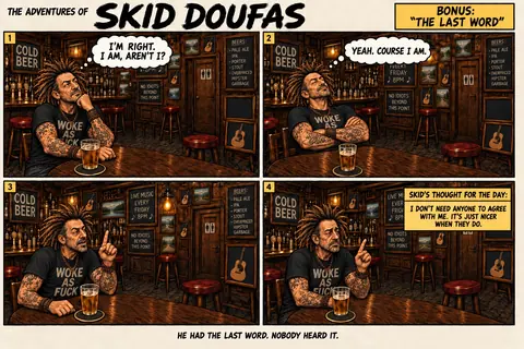Preview of Bonus 1, The Last Word, featuring Skid alone at the usual pub table, Stan’s stool empty