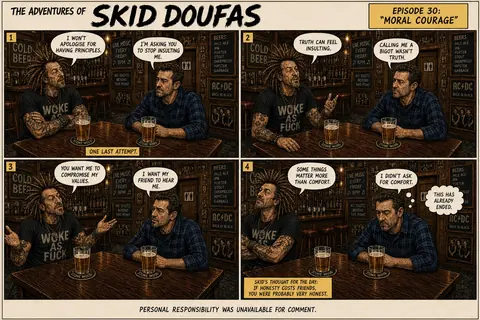 Preview of Episode 30, Moral Courage, featuring Skid and Stan talking at their usual pub table