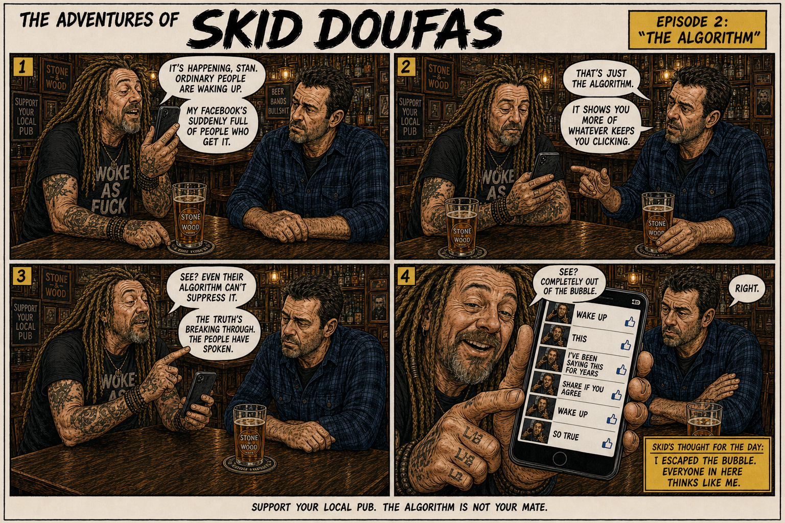 Four-panel comic strip in which Skid excitedly shows Stan his phone claiming ordinary people are waking up, and Stan explains it is just the algorithm showing him more of what he clicks
