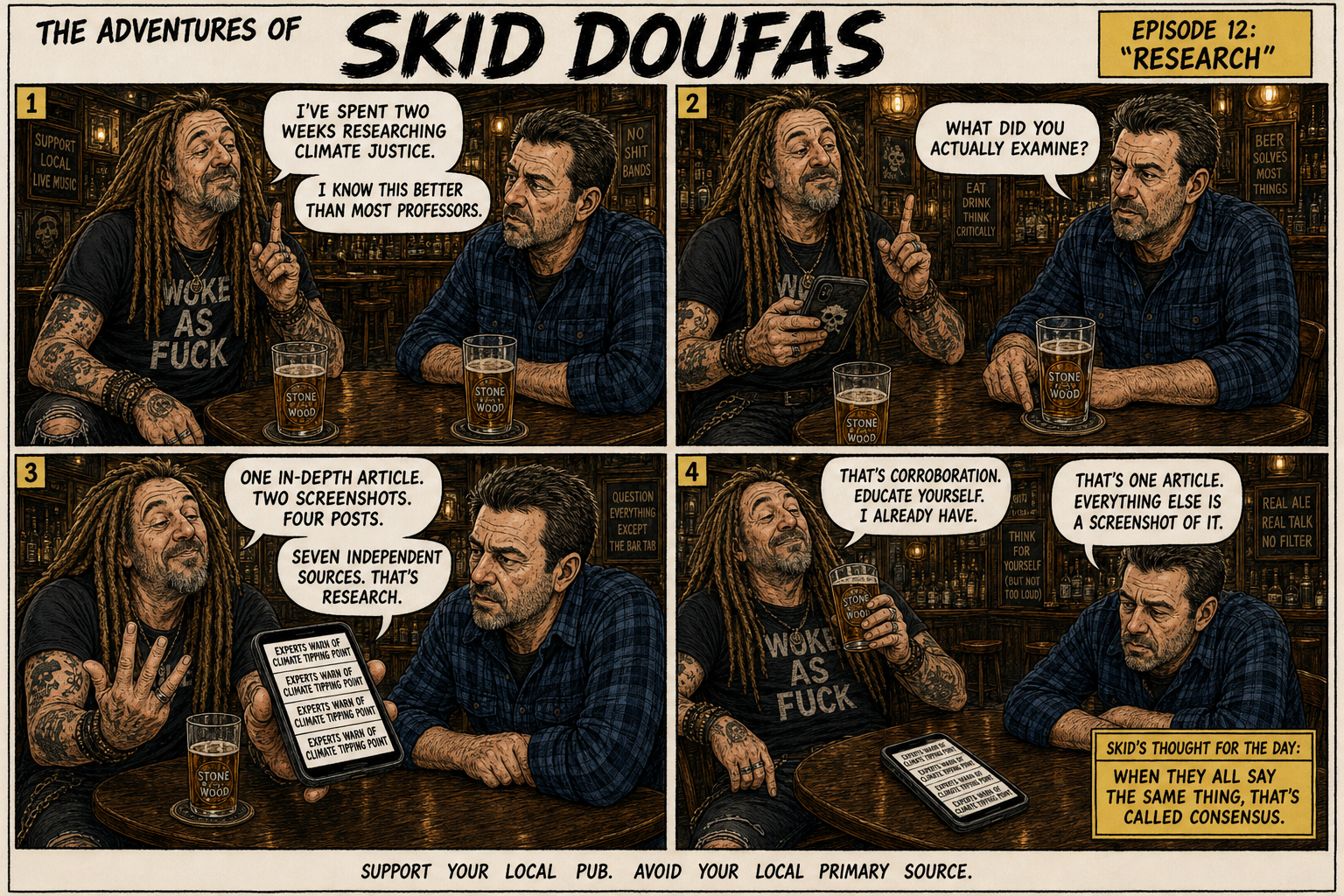 Four-panel comic strip in which Skid Doufas tells Stan he has researched climate justice better than most professors. Stan asks what he examined. Skid lists one article, two screenshots, and four posts as his sources. Skid claims this is co