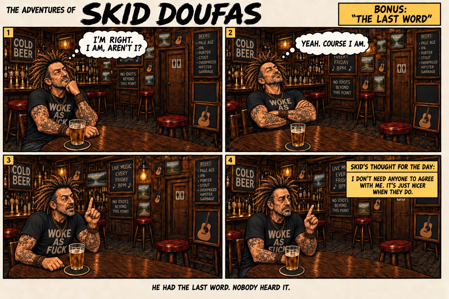 Bonus 1, The Last Word, a four-panel Skid Doufas comic featuring Skid alone at the usual pub table, Stan’s stool empty