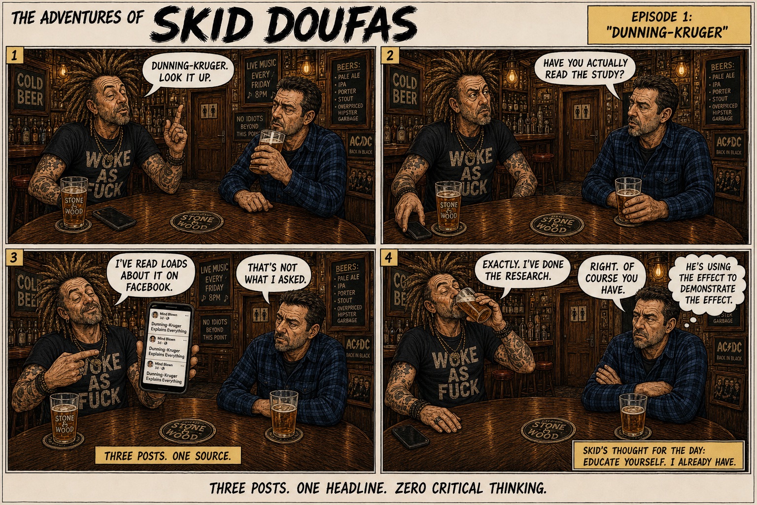 Episode 1, Dunning–Kruger, a four-panel Skid Doufas comic featuring Skid and Stan at their usual pub table