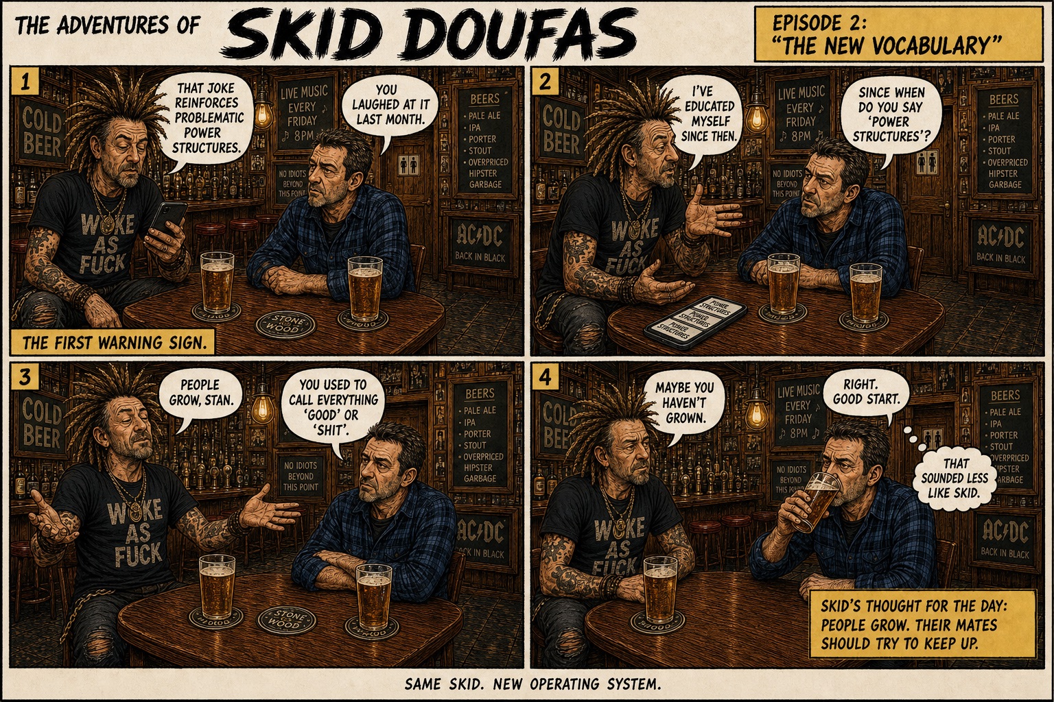 Episode 2, The New Vocabulary, a four-panel Skid Doufas comic featuring Skid and Stan at their usual pub table