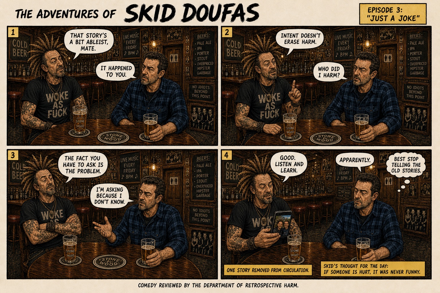 Episode 3, Just a Joke, a four-panel Skid Doufas comic featuring Skid and Stan at their usual pub table