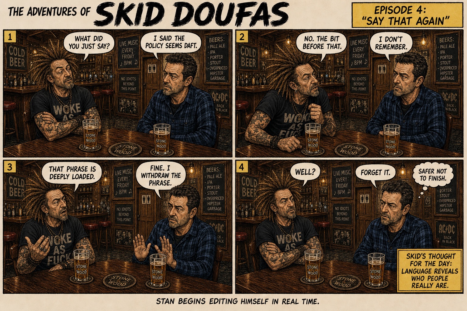 Episode 4, Say That Again, a four-panel Skid Doufas comic featuring Skid and Stan at their usual pub table