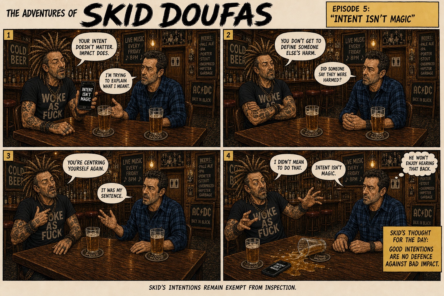 Episode 5, Intent Isn’t Magic, a four-panel Skid Doufas comic featuring Skid and Stan at their usual pub table