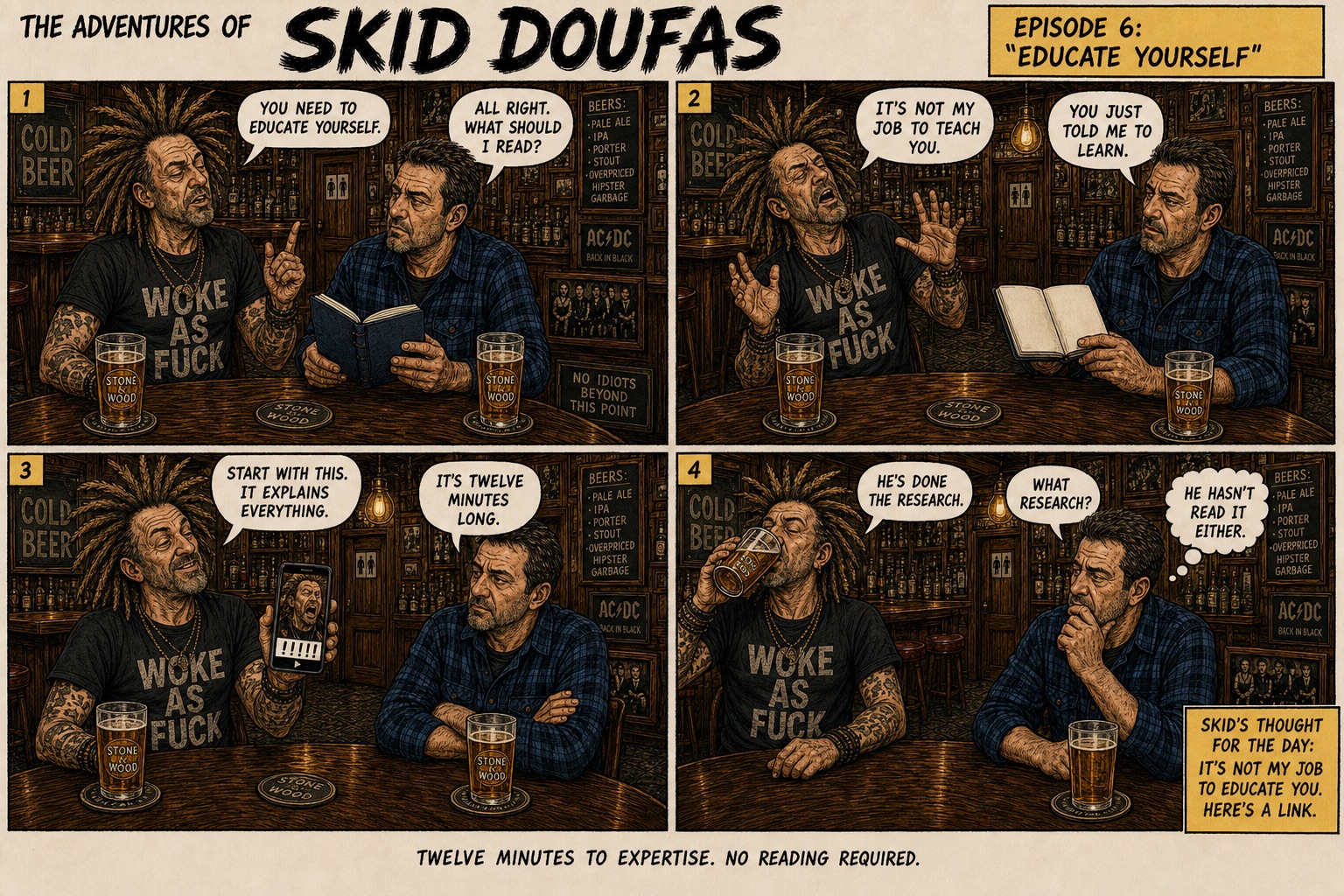 Episode 6, Educate Yourself, a four-panel Skid Doufas comic featuring Skid and Stan at their usual pub table
