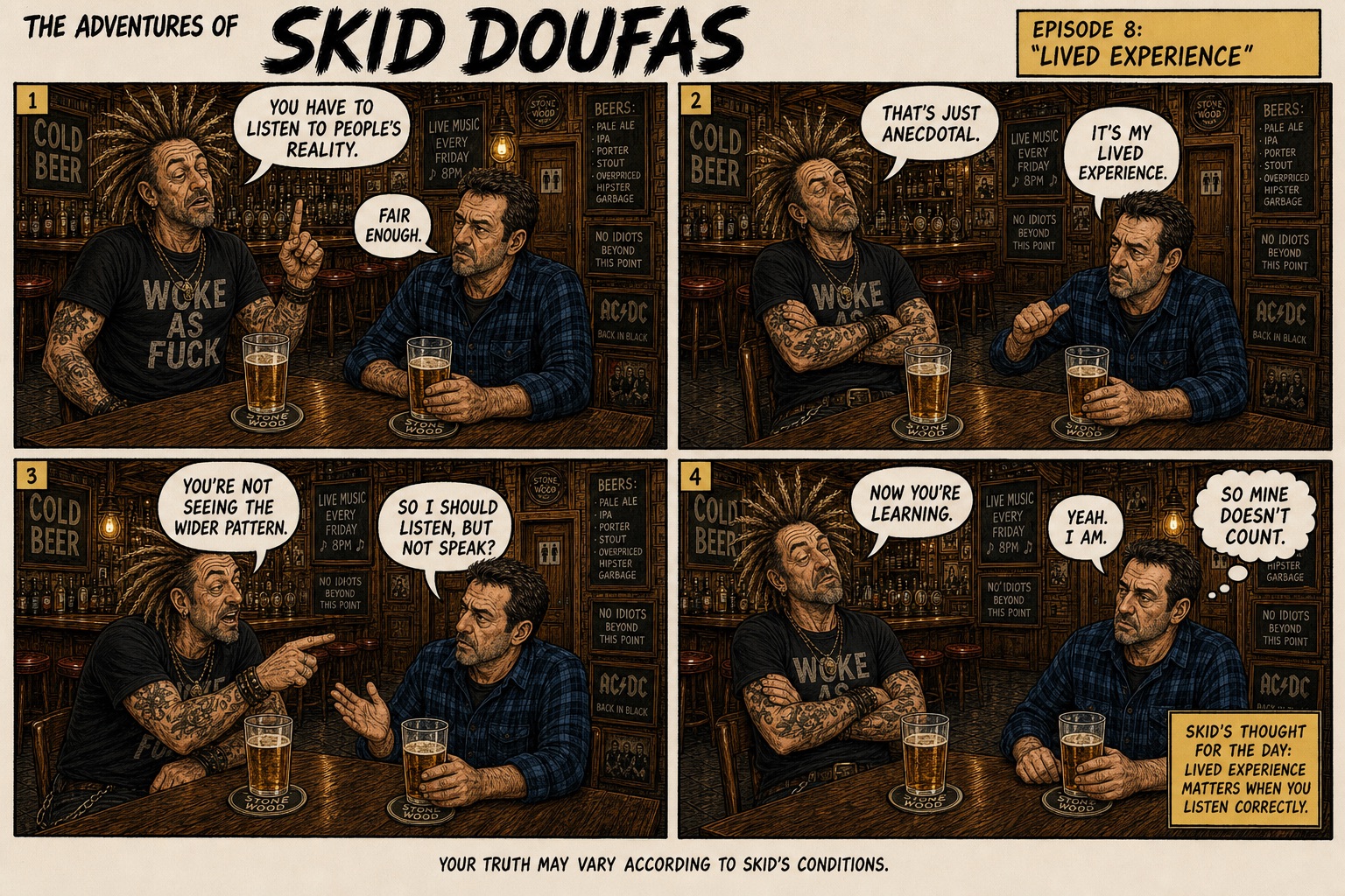 Episode 8, Lived Experience, a four-panel Skid Doufas comic featuring Skid and Stan at their usual pub table