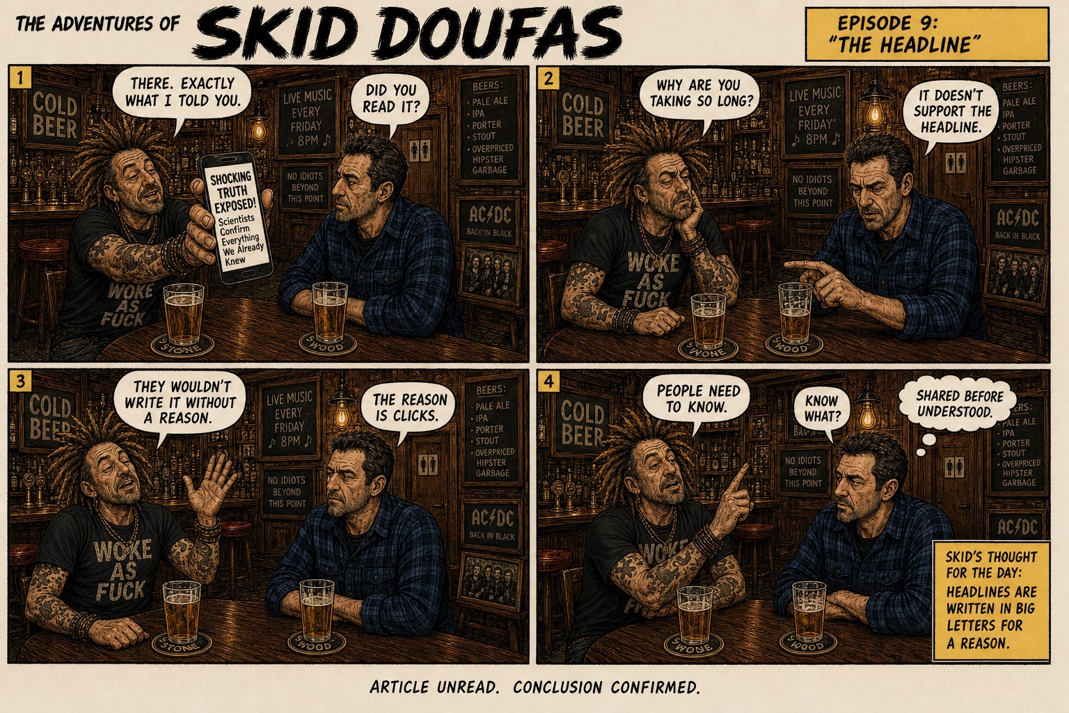 Episode 9, The Headline, a four-panel Skid Doufas comic featuring Skid and Stan at their usual pub table