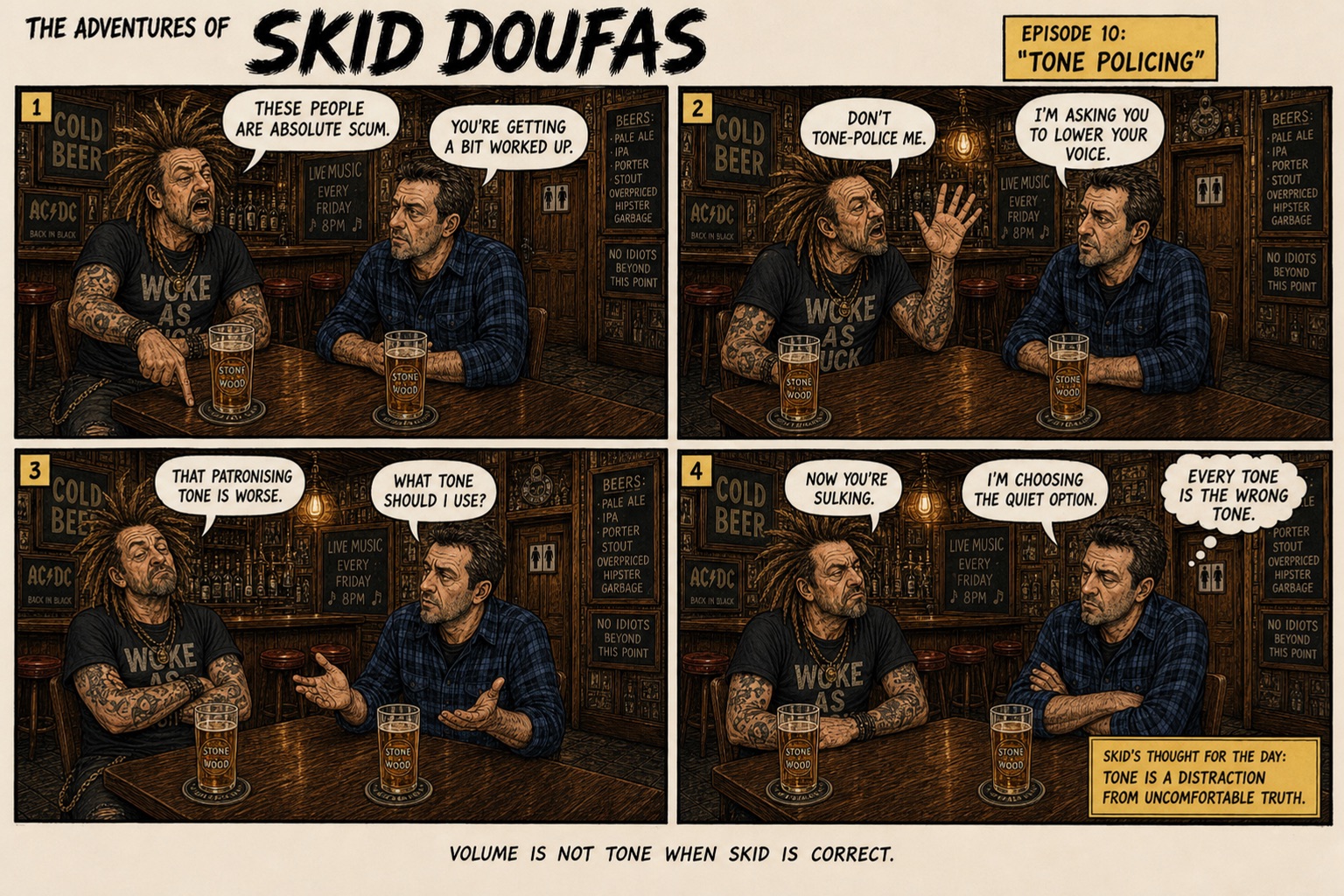 Episode 10, Tone Policing, a four-panel Skid Doufas comic featuring Skid and Stan at their usual pub table