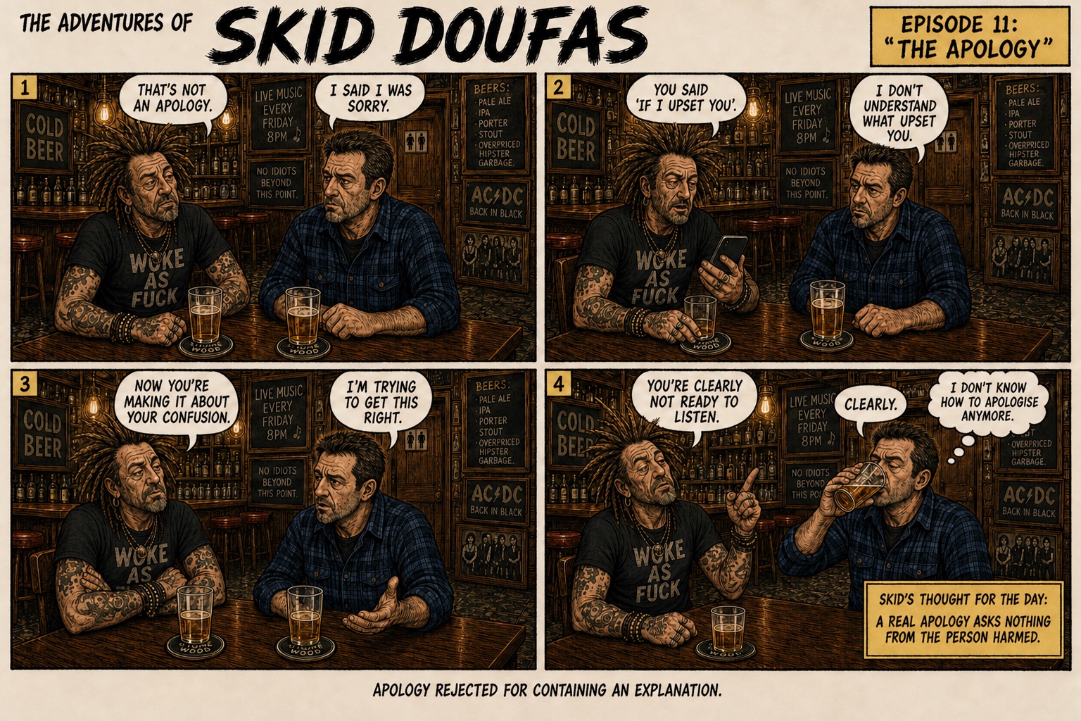 Episode 11, The Apology, a four-panel Skid Doufas comic featuring Skid and Stan at their usual pub table
