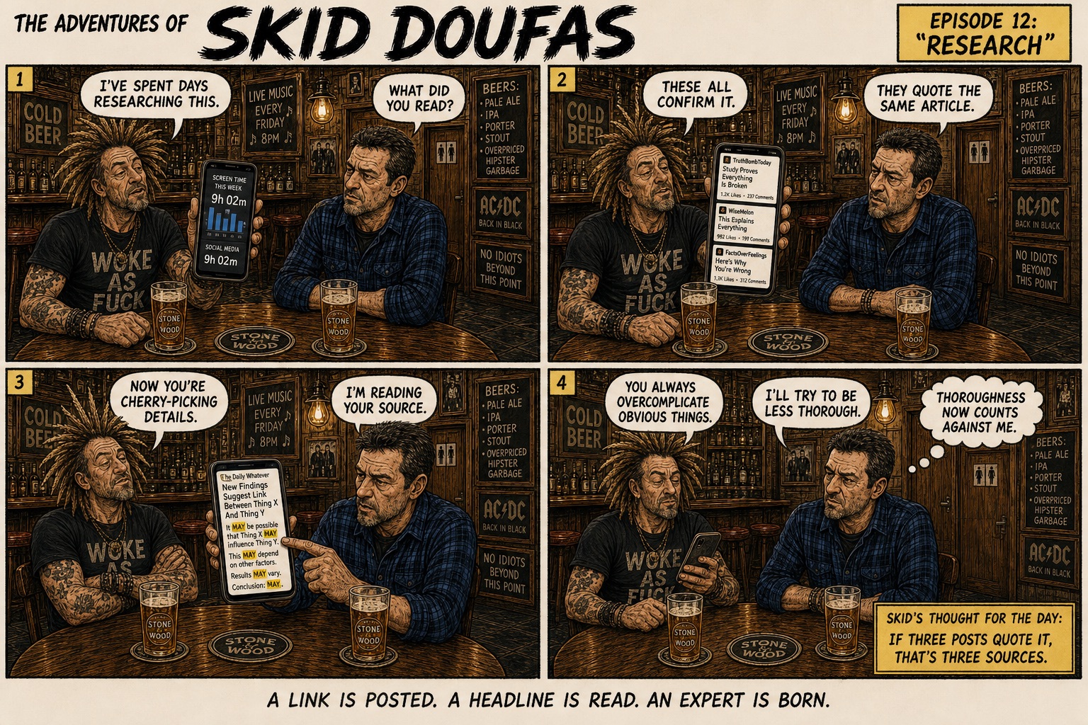 Episode 12, Research, a four-panel Skid Doufas comic featuring Skid and Stan at their usual pub table