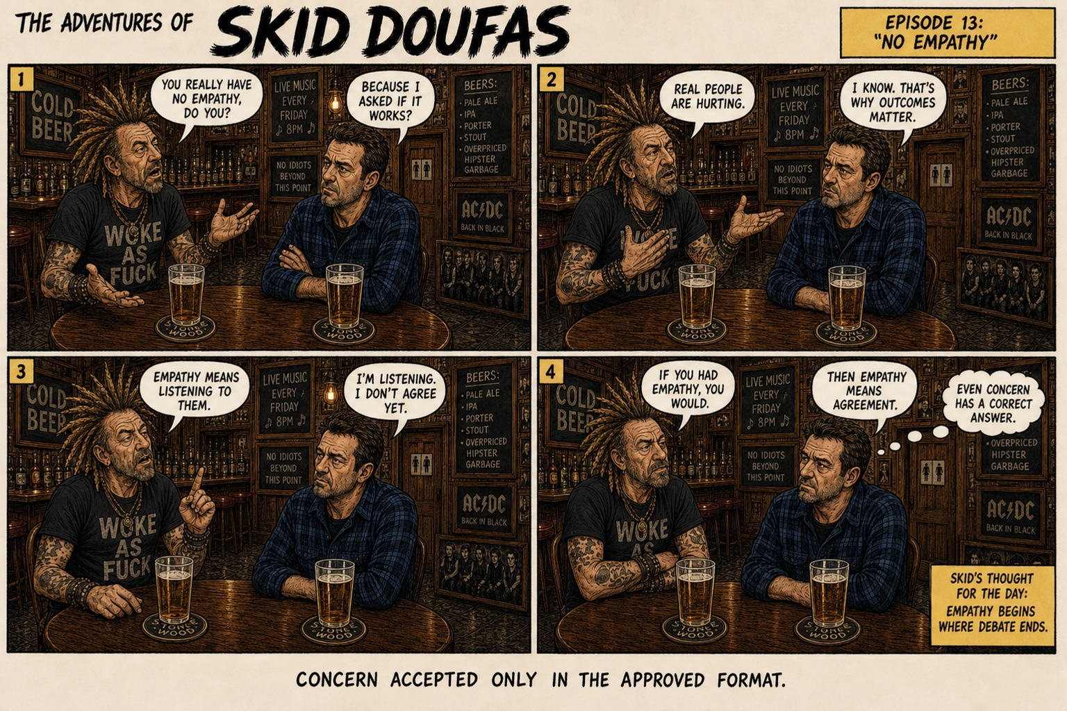 Episode 13, No Empathy, a four-panel Skid Doufas comic featuring Skid and Stan at their usual pub table