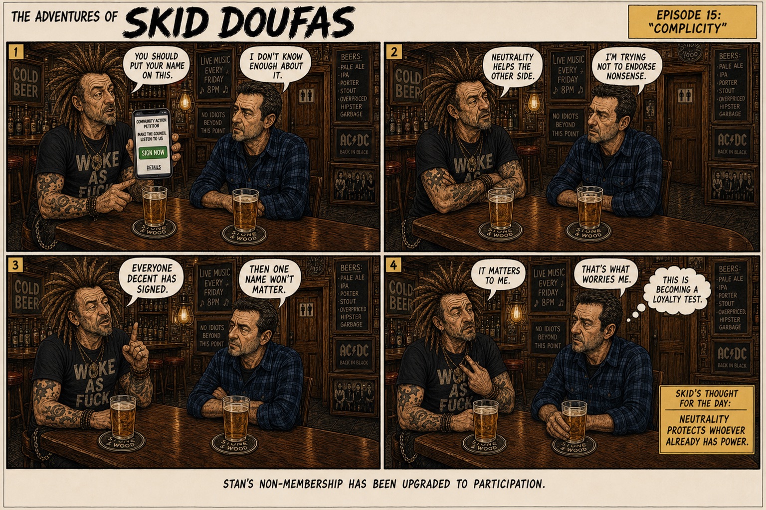 Episode 15, Complicity, a four-panel Skid Doufas comic featuring Skid and Stan at their usual pub table