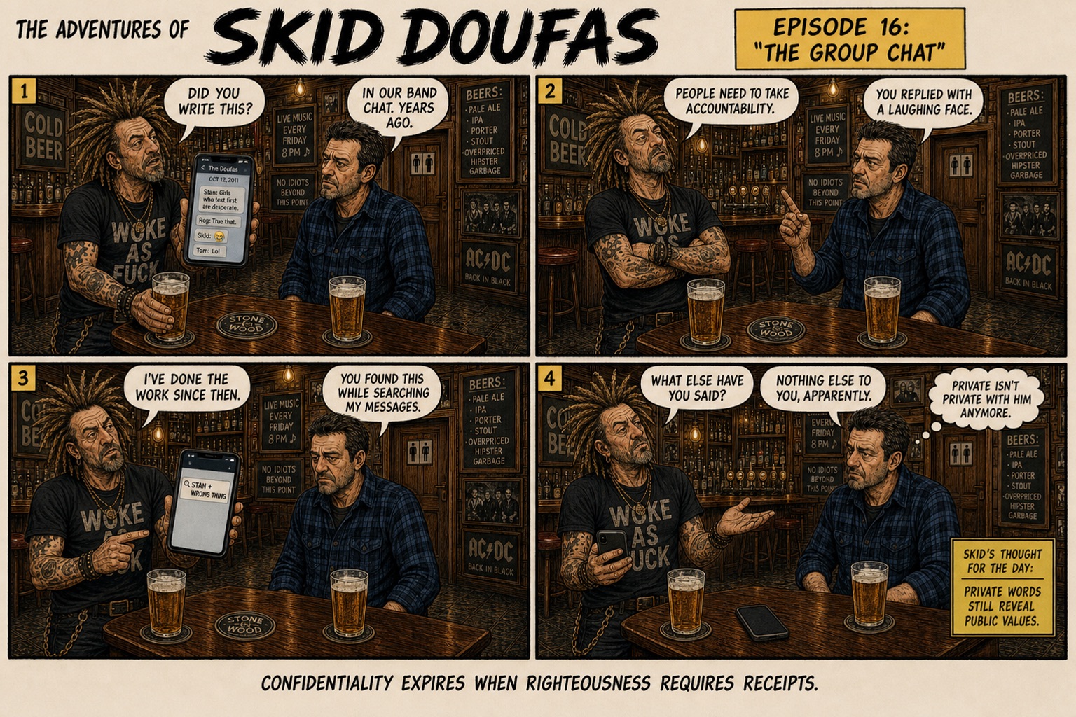 Episode 16, The Group Chat, a four-panel Skid Doufas comic featuring Skid and Stan at their usual pub table
