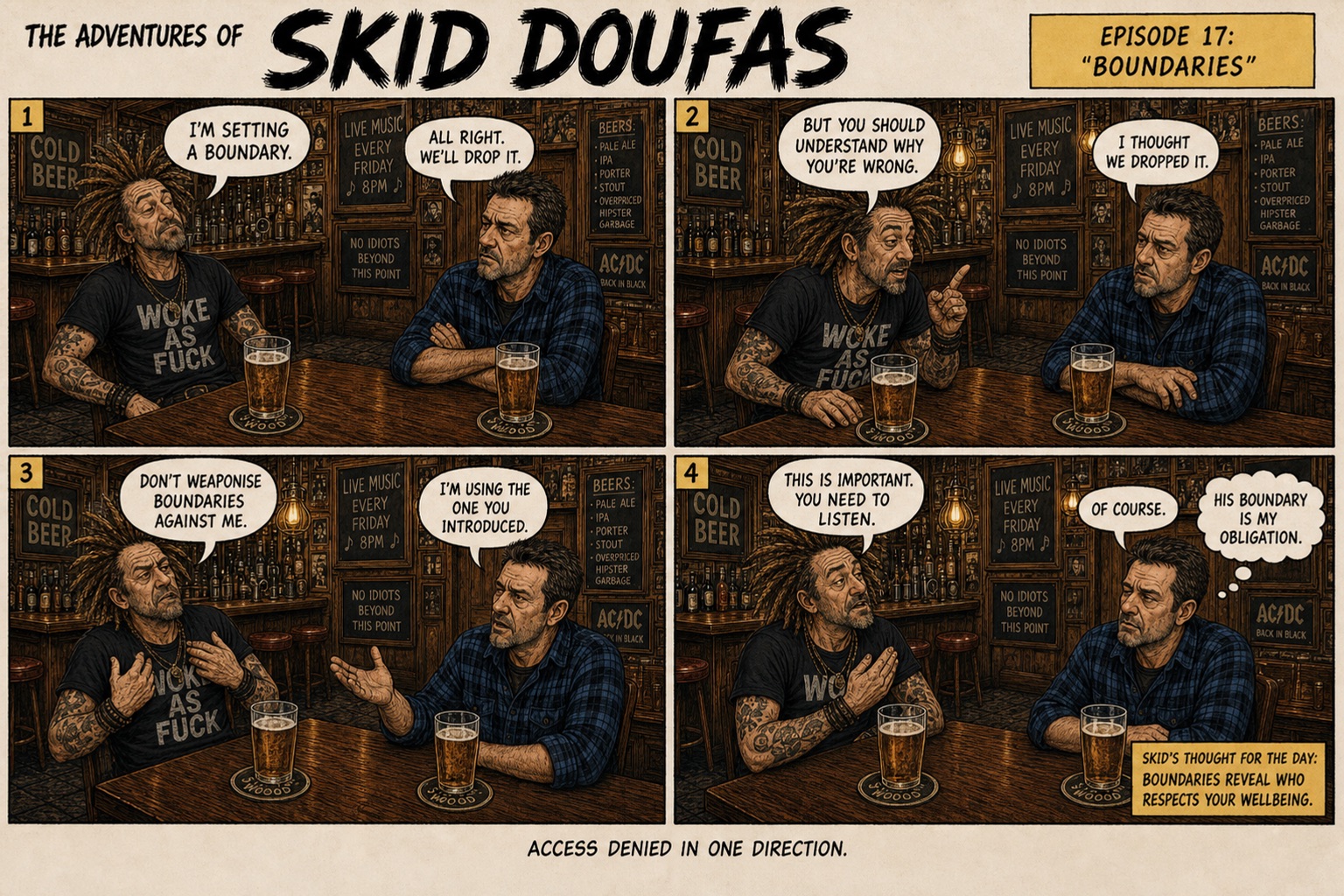 Episode 17, Boundaries, a four-panel Skid Doufas comic featuring Skid and Stan at their usual pub table