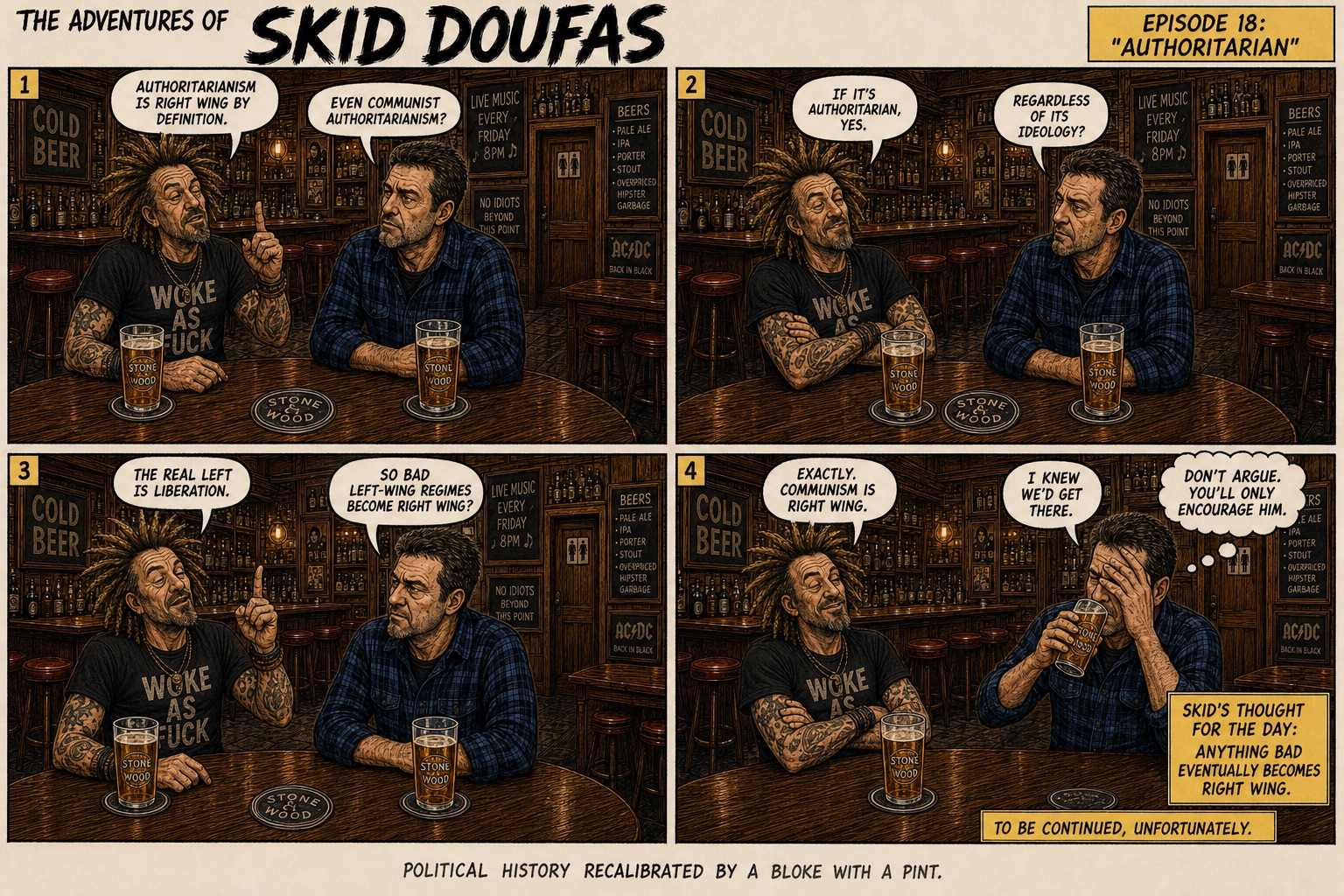 Episode 18, Authoritarian, a four-panel Skid Doufas comic featuring Skid and Stan at their usual pub table