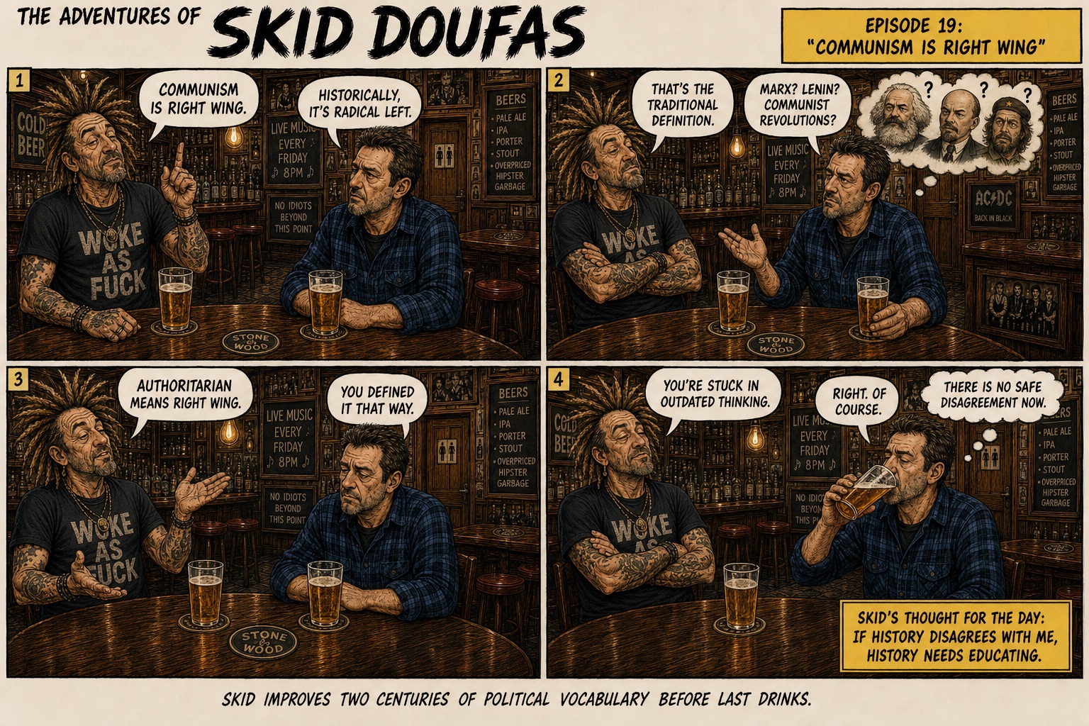 Episode 19, Communism Is Right Wing, a four-panel Skid Doufas comic featuring Skid and Stan at their usual pub table