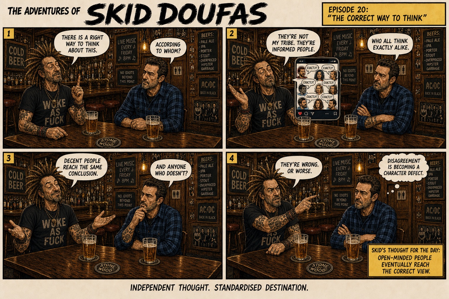 Episode 20, The Correct Way to Think, a four-panel Skid Doufas comic featuring Skid and Stan at their usual pub table