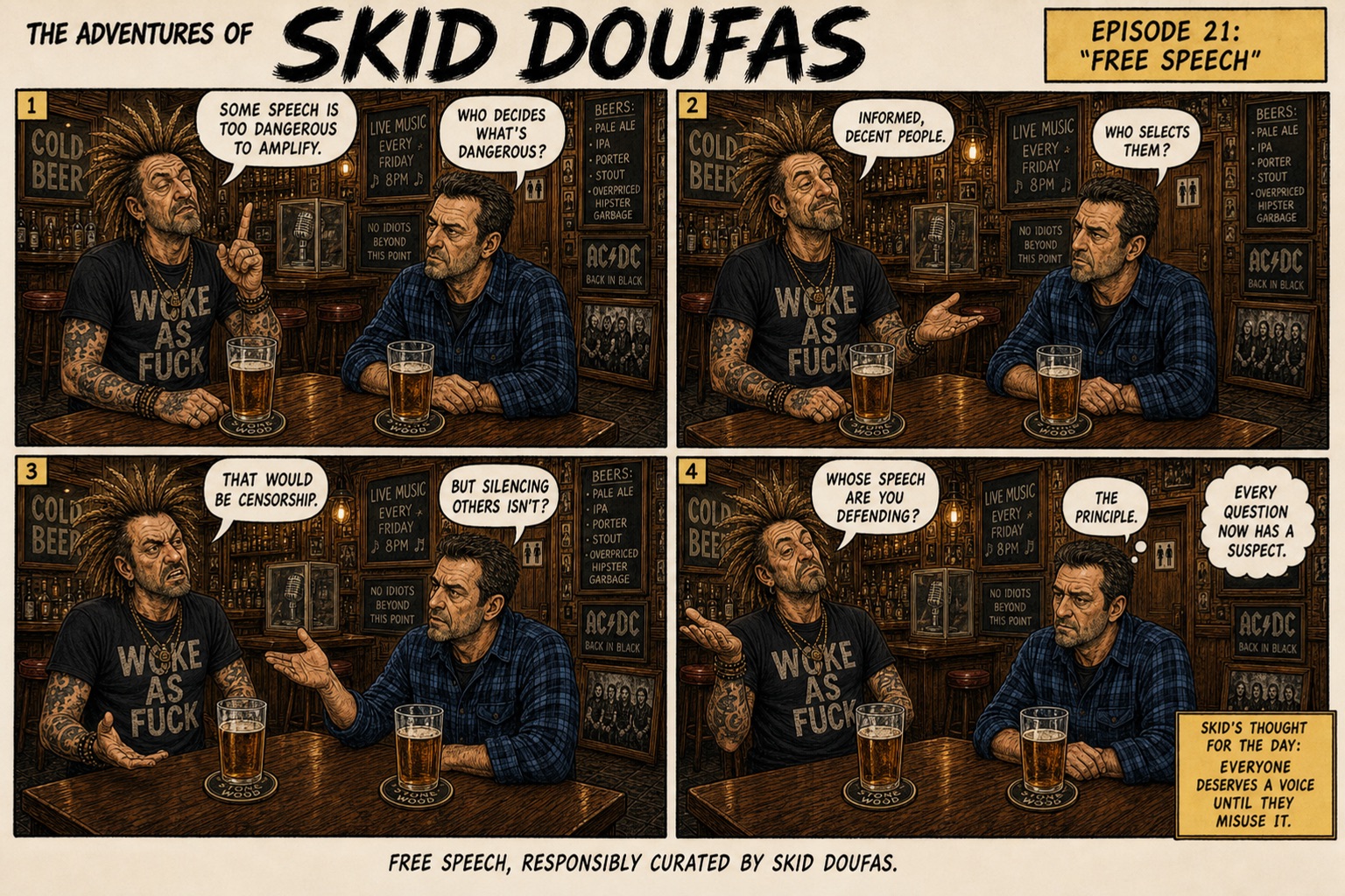 Episode 21, Free Speech, a four-panel Skid Doufas comic featuring Skid and Stan at their usual pub table