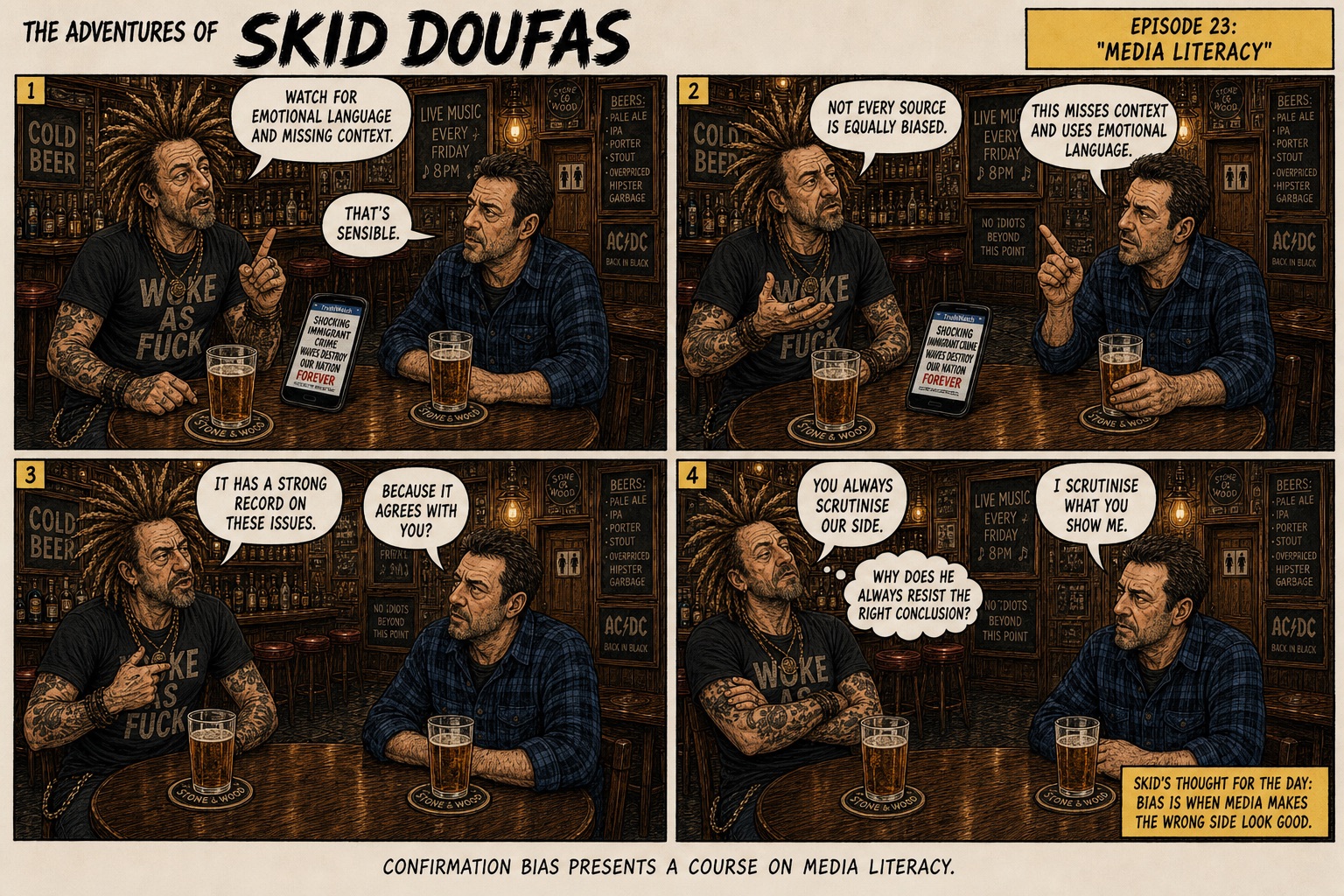 Episode 23, Media Literacy, a four-panel Skid Doufas comic featuring Skid and Stan at their usual pub table