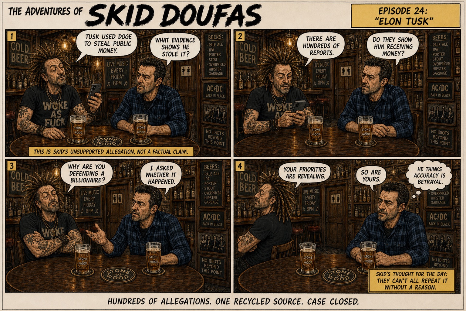 Episode 24, Elon Tusk, a four-panel Skid Doufas comic featuring Skid and Stan at their usual pub table