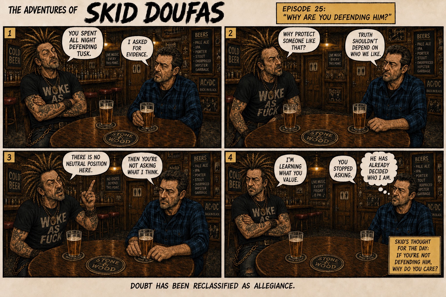 Episode 25, Are You Defending Him?, a four-panel Skid Doufas comic featuring Skid and Stan at their usual pub table