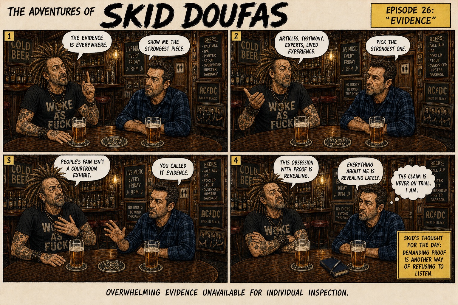 Episode 26, Evidence, a four-panel Skid Doufas comic featuring Skid and Stan at their usual pub table