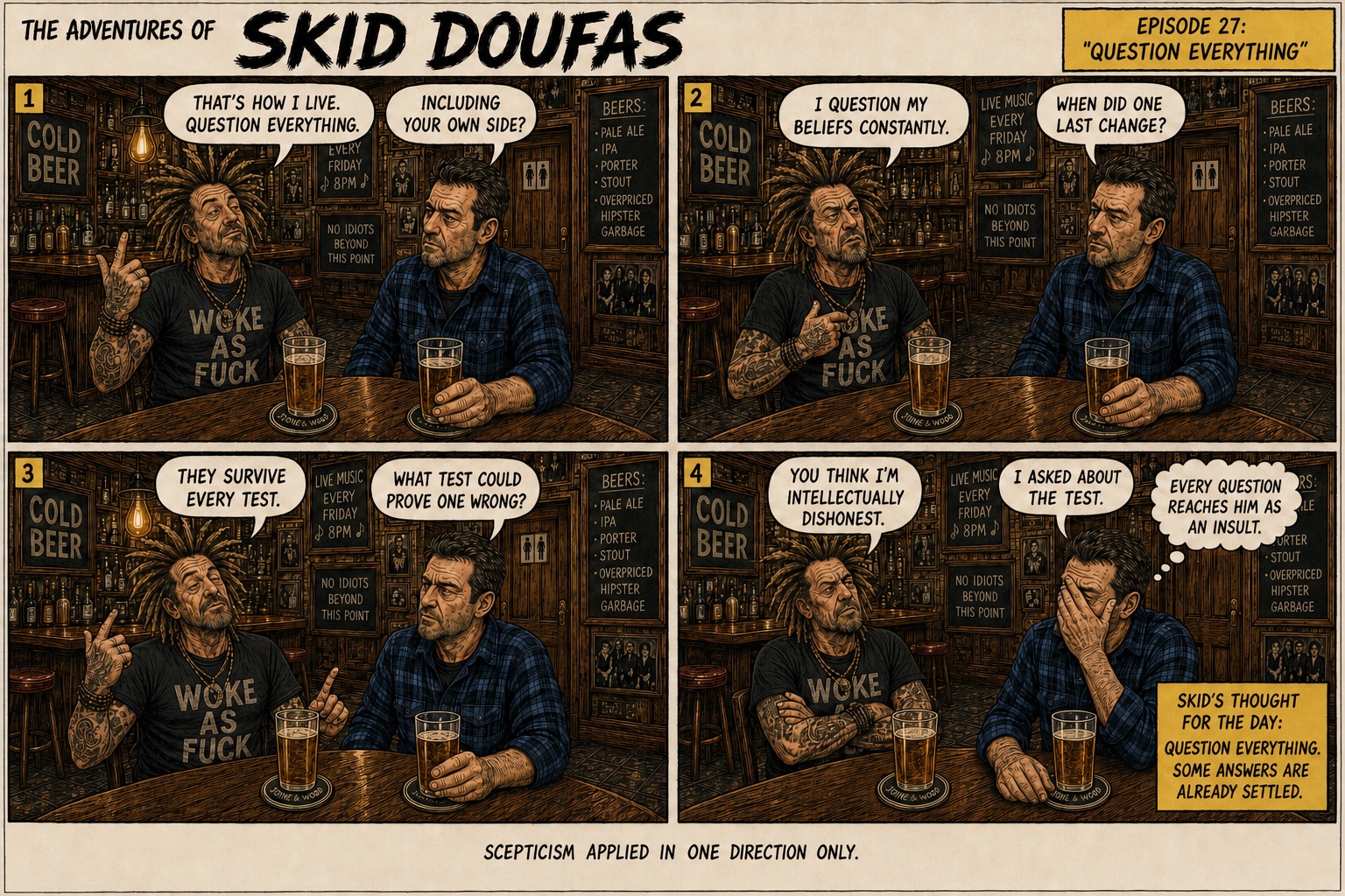 Episode 27, Question Everything, a four-panel Skid Doufas comic featuring Skid and Stan at their usual pub table