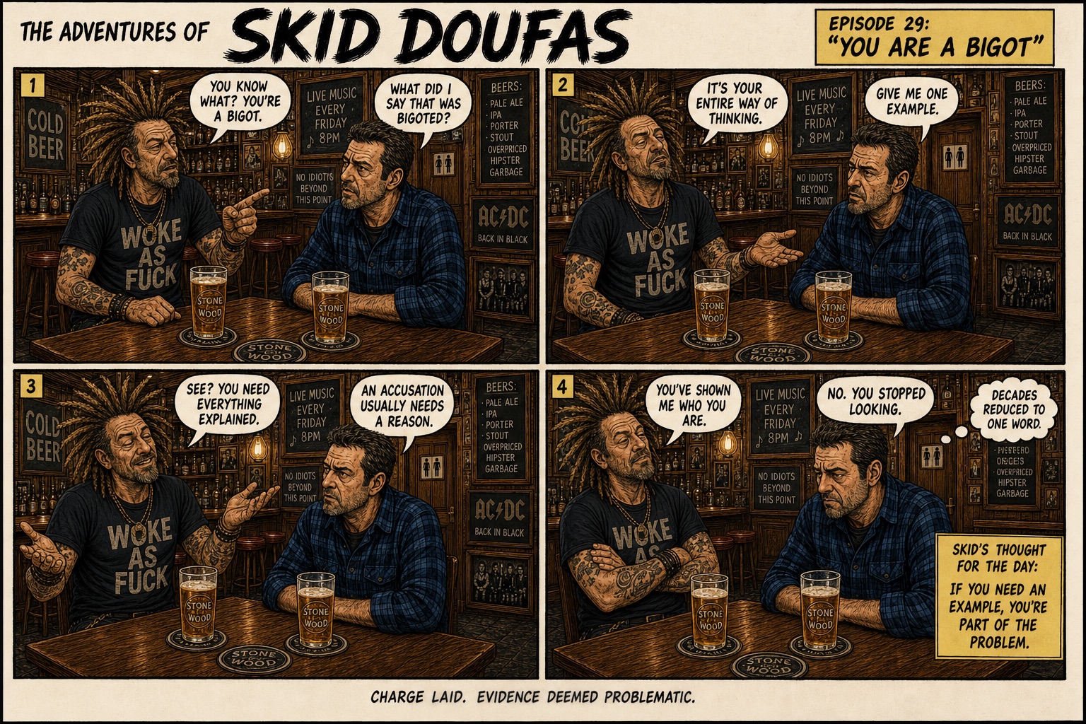 Episode 29, You Are a Bigot, a four-panel Skid Doufas comic featuring Skid and Stan at their usual pub table