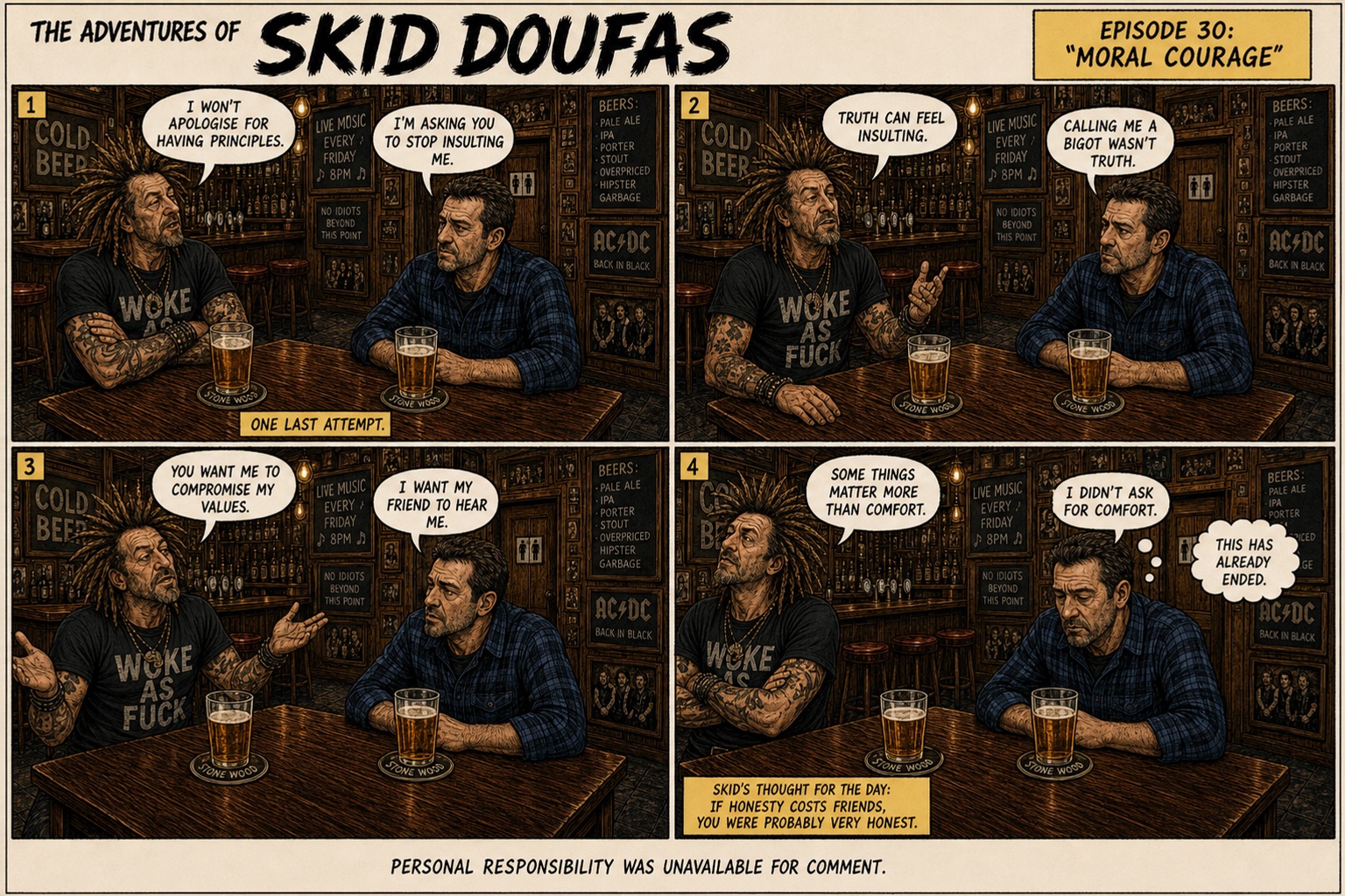 Episode 30, Moral Courage, a four-panel Skid Doufas comic featuring Skid and Stan at their usual pub table