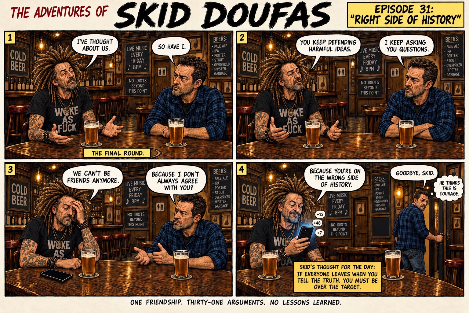 Episode 31, Right Side of History, a four-panel Skid Doufas comic featuring Skid and Stan at their usual pub table
