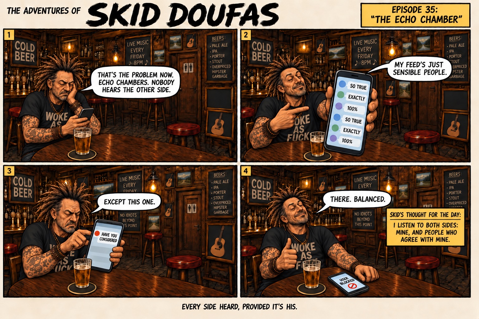 Episode 35, The Echo Chamber, a four-panel Skid Doufas comic featuring Skid alone at the usual pub table, Stan’s stool empty
