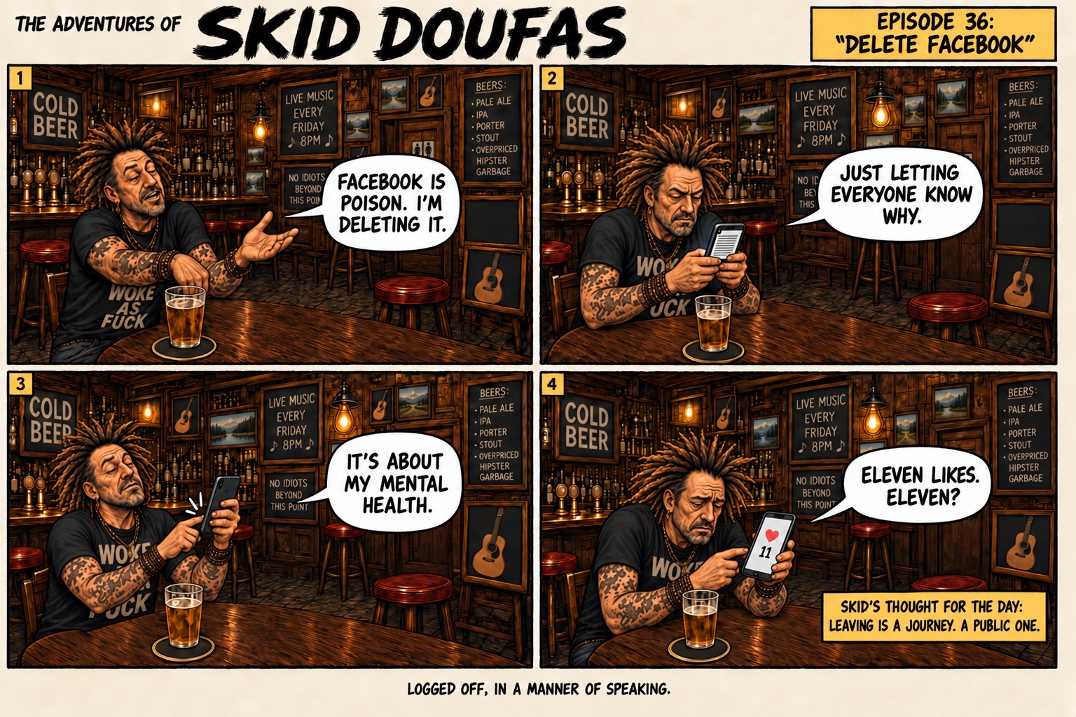 Episode 36, Delete Facebook, a four-panel Skid Doufas comic featuring Skid alone at the usual pub table, Stan’s stool empty