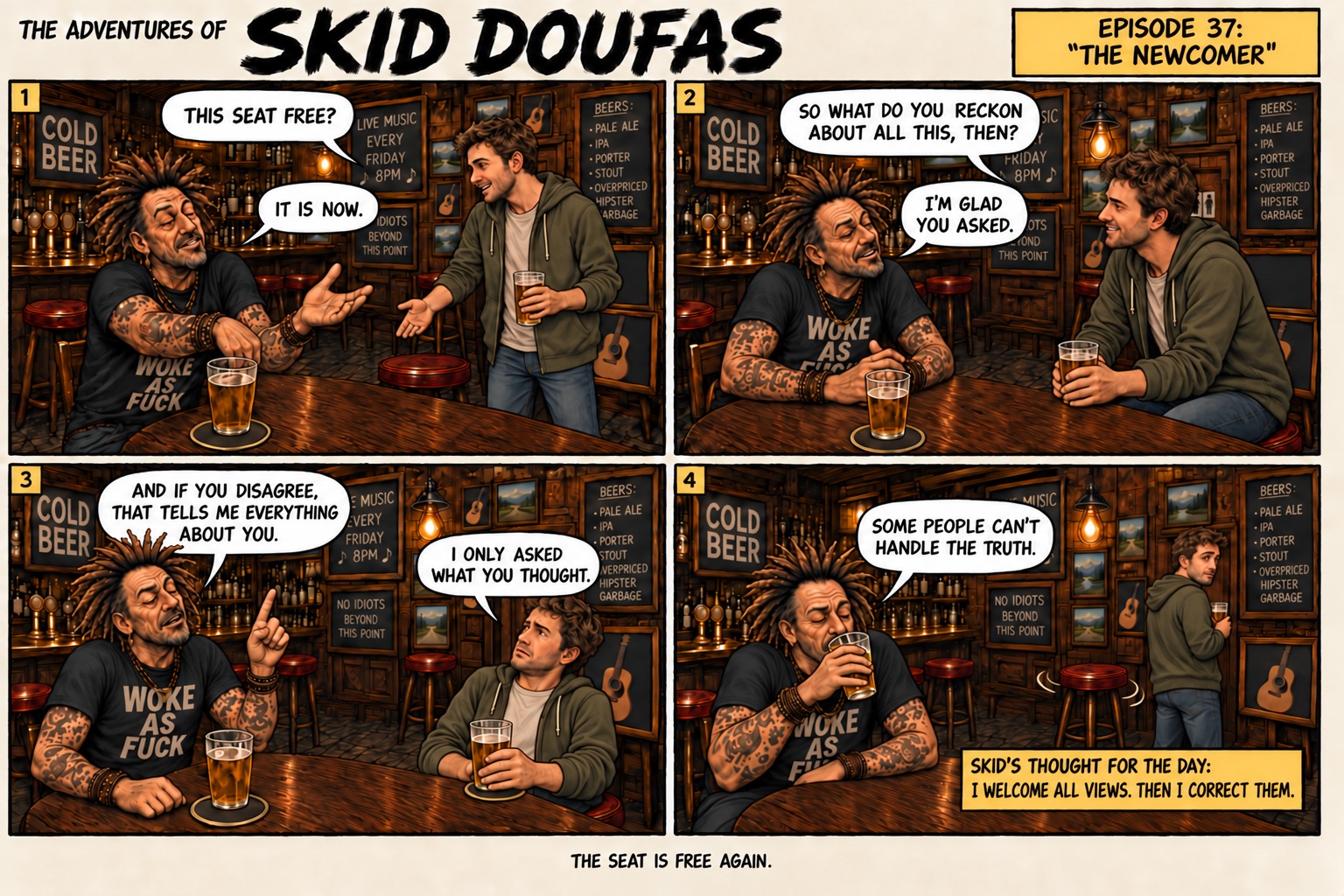Episode 37, The Newcomer, a four-panel Skid Doufas comic featuring Skid alone at the usual pub table, Stan’s stool empty