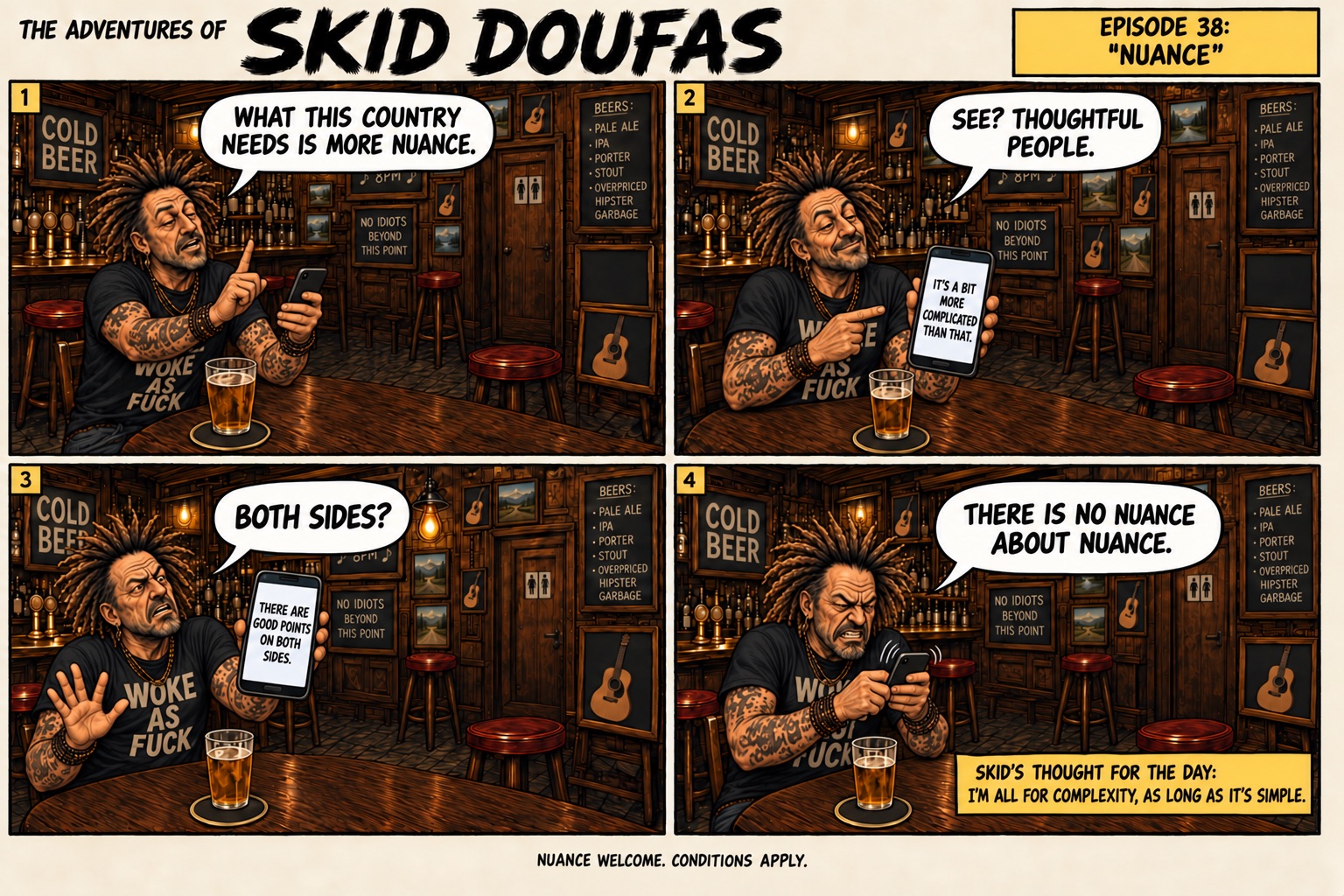 Episode 38, Nuance, a four-panel Skid Doufas comic featuring Skid alone at the usual pub table, Stan’s stool empty