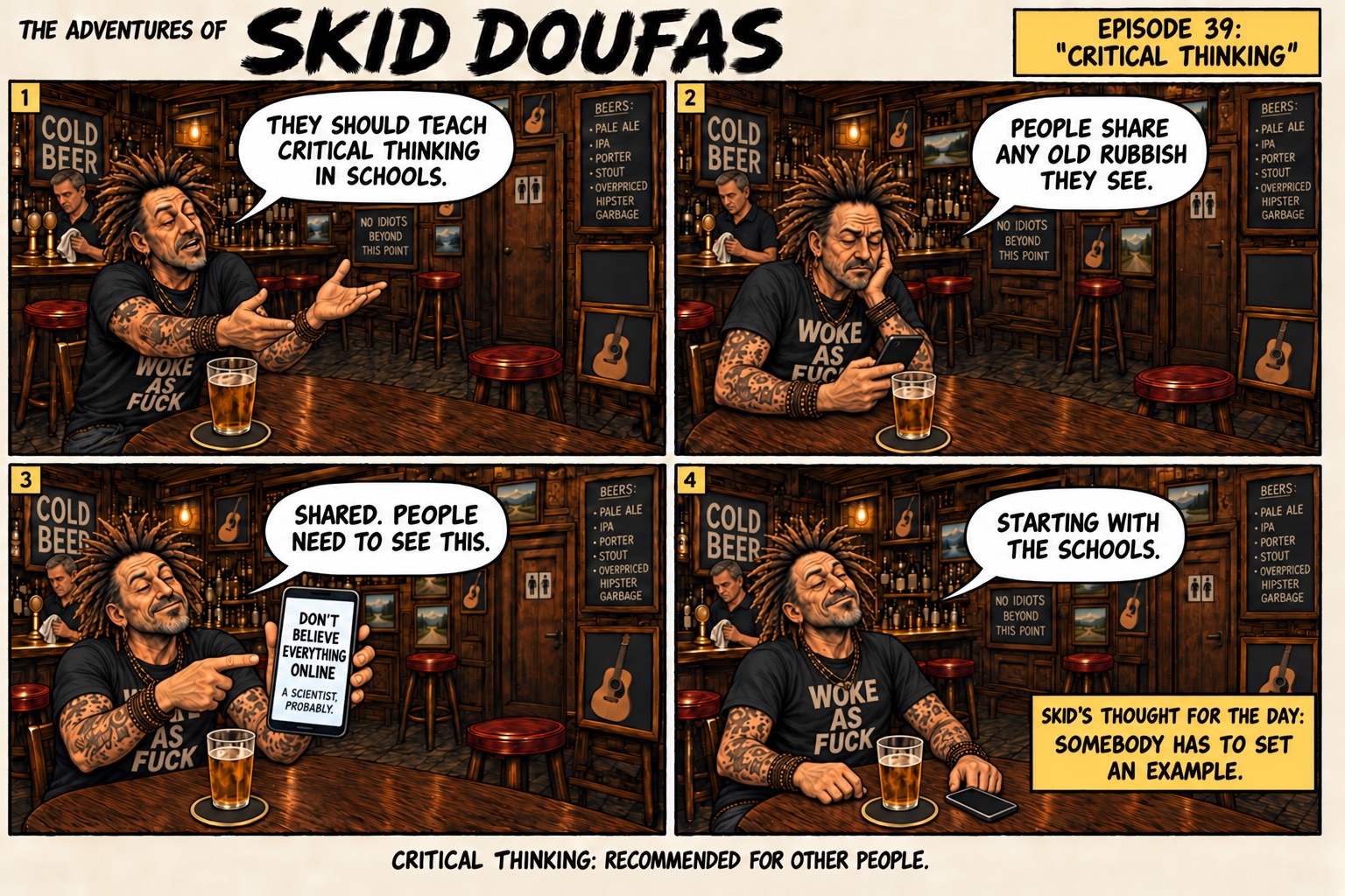 Episode 39, Critical Thinking, a four-panel Skid Doufas comic featuring Skid alone at the usual pub table, Stan’s stool empty