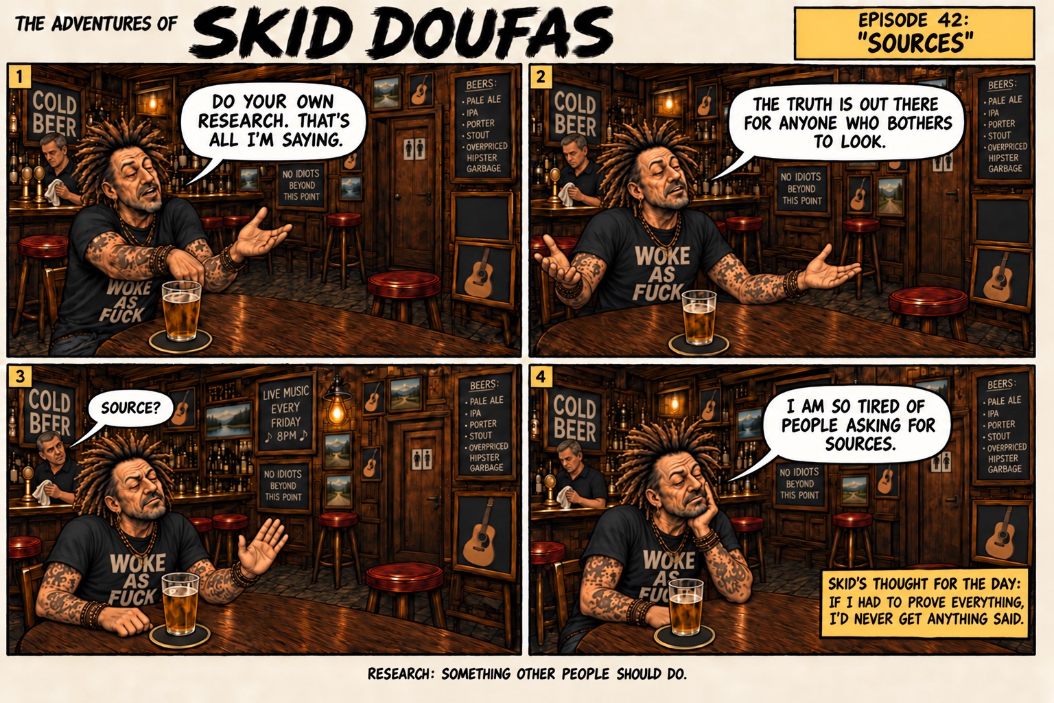 Episode 42, Sources, a four-panel Skid Doufas comic featuring Skid alone at the usual pub table, Stan’s stool empty