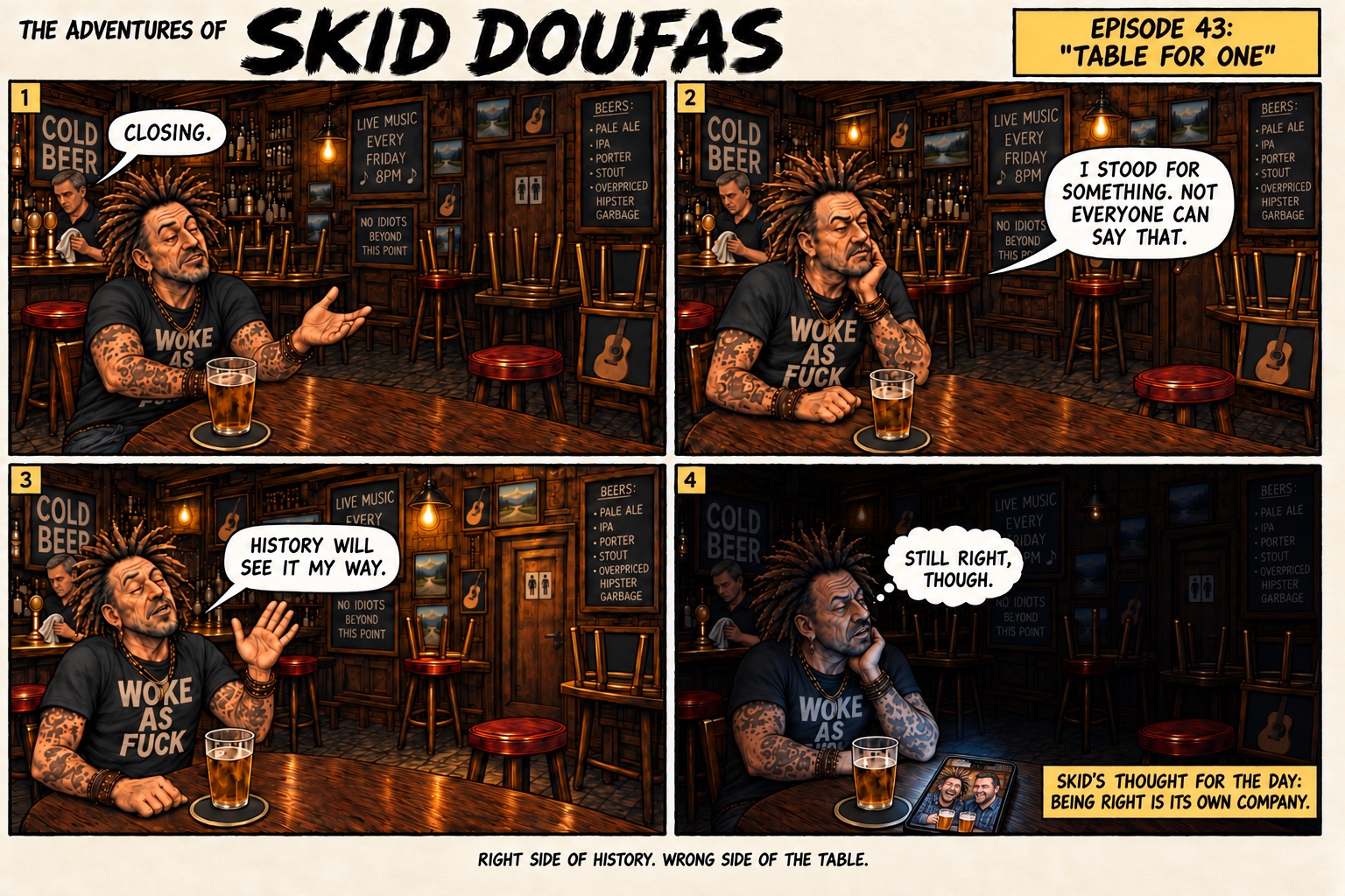 Episode 43, Table for One, a four-panel Skid Doufas comic featuring Skid alone at the usual pub table, Stan’s stool empty